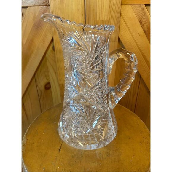 Antique AMERICAN BRILLIANT Clear Cut Glass Starpoint Pinwheel Sawtooth Pitcher ( - Picture 3 of 6